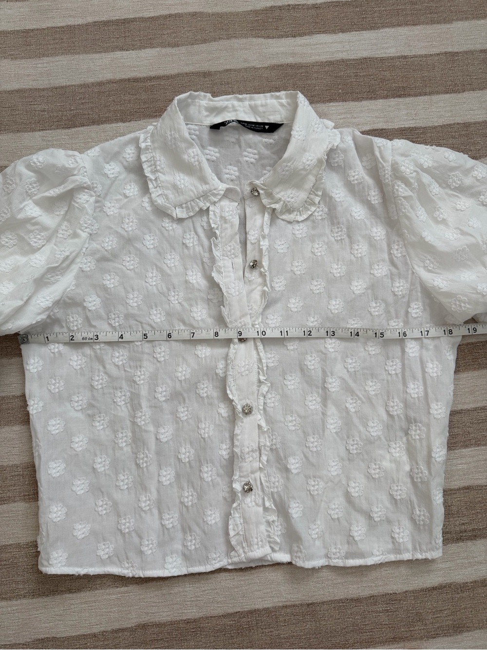 Zara White Swiss Dot Puff Sleeve Ruffle Crop Blouse Top Medium - Picture 8 of 9